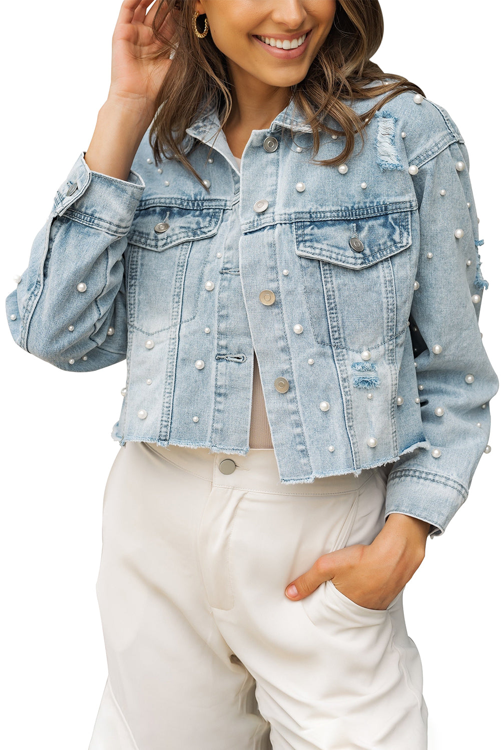 Wholesale Sky Blue Pearls Beading Cropped Denim Jacket - Eloy Royal