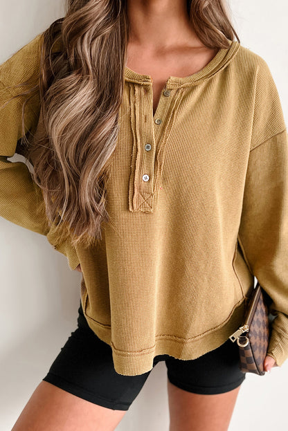 Camel Waffle Drop Shoulder Oversized Henley Top