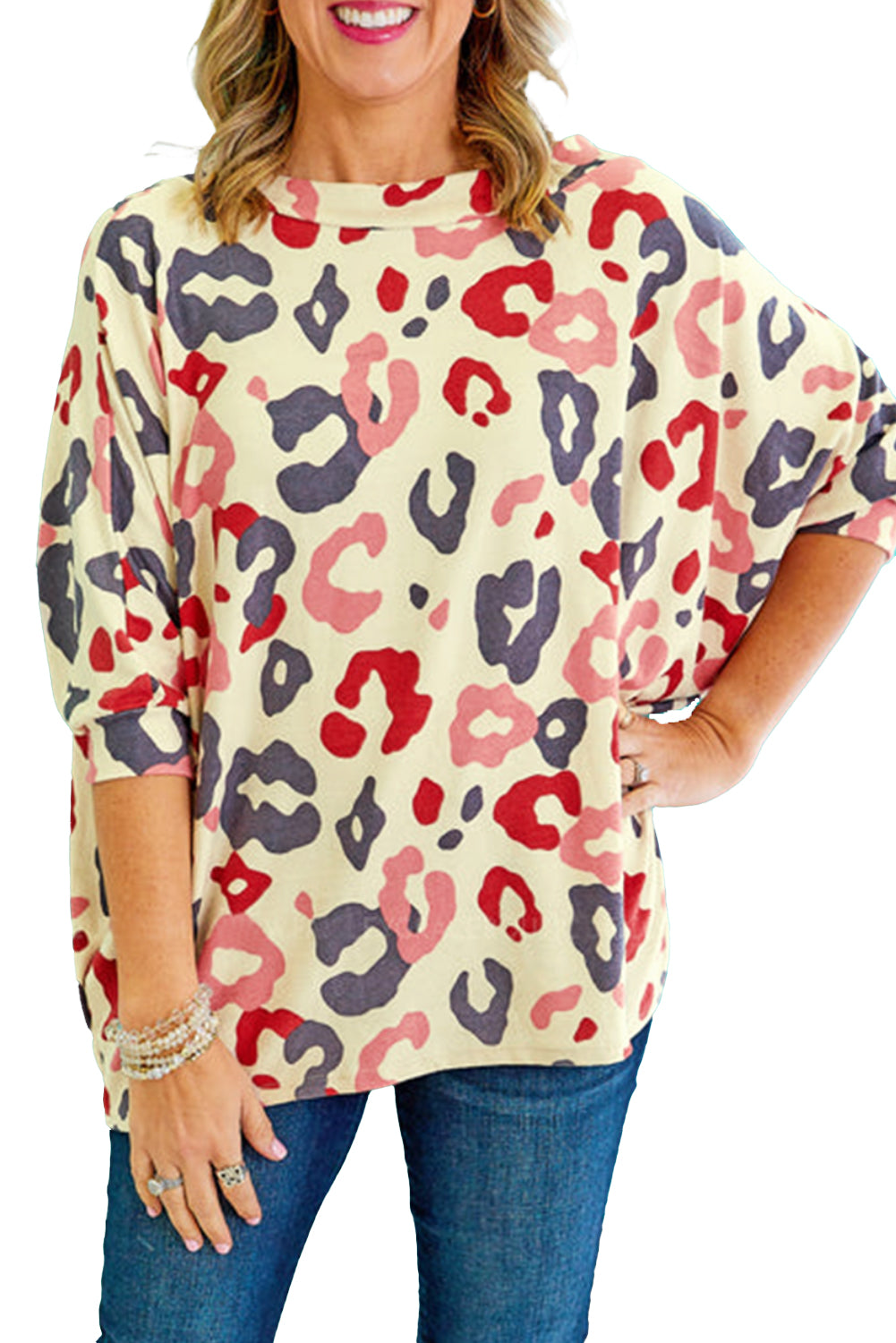 White Plus Size Colorful Leopard Print Batwing Sleeve Top - Eloy Royal