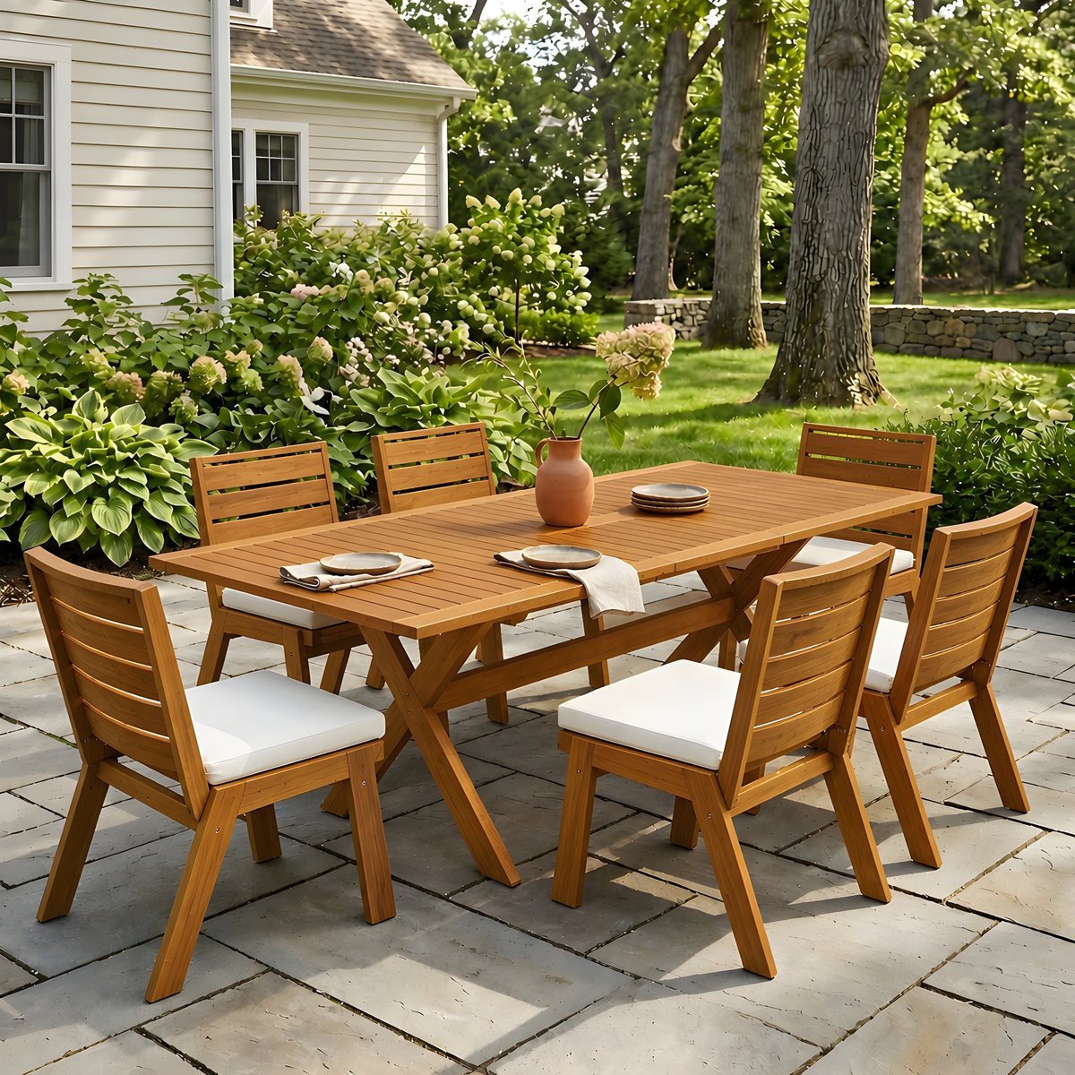 7 Pieces Acacia Wood Outdoor Dining Set s,Modern 6 Chairs  1 Large Table,Dining Furniture Set for Lawn, Backyard, Garden Deck,Poolside,Teak