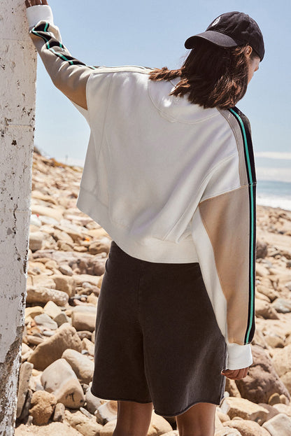 White Striped Color Block Exposed Seam Loose Sweatshirt