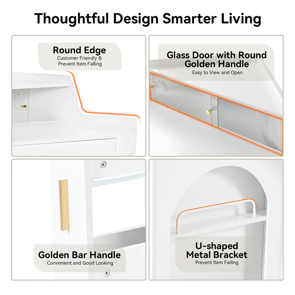 Corner Makeup Vanity Desk With Mirror & LED Lights, Modern Vanity Set With Mirror And Stool, Dressing Table With Large Storage For Small Place, Brightness Adjustable Folding Mirror, White - Eloy Royal