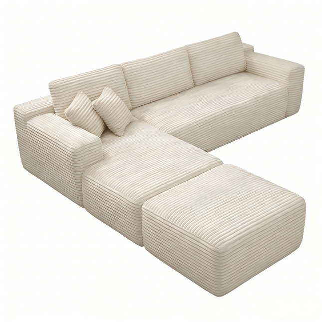 106.5' L-Shaped Corduroy Upholstered 3-Seat Lounge Sofa with Ottoman, Left Hand Facing