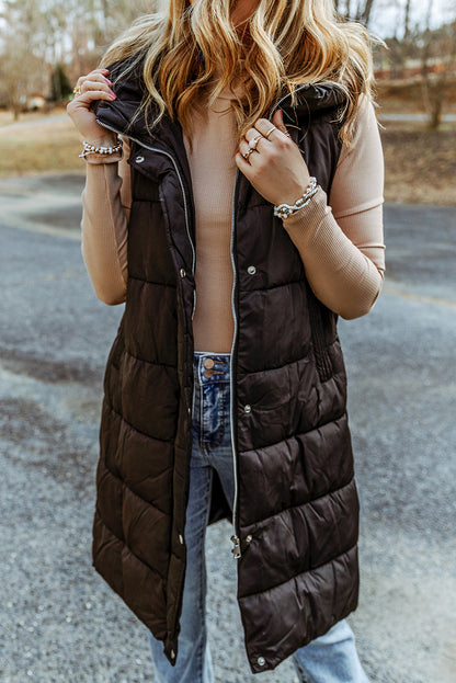 Black Hooded Pocketed Quilted Long Vest Coat - Eloy Royal