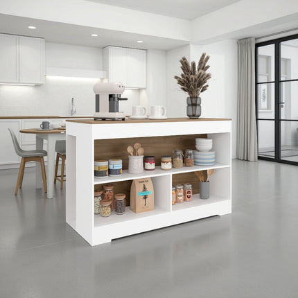 Makoti Kitchen Island 34', 3 Spacious Open Shelves, White / Natural Oak