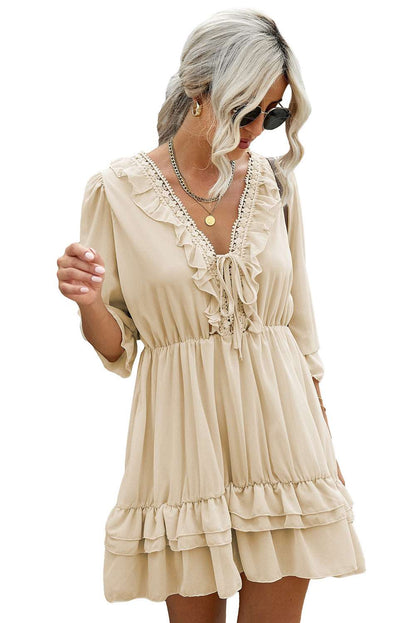 Beige Lacy V Neck Ruffled Mini Dress