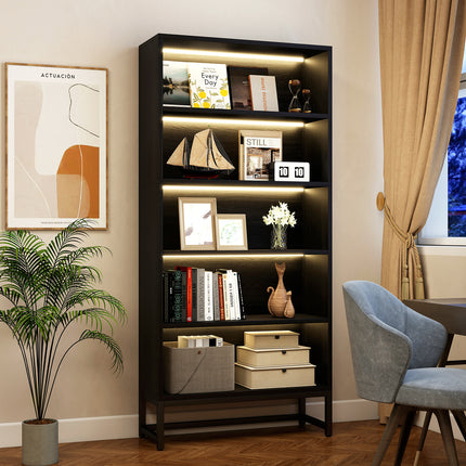 Tall Bookcase with LED Lights with Heavy Duty Wood Bookshelf with Adjustable