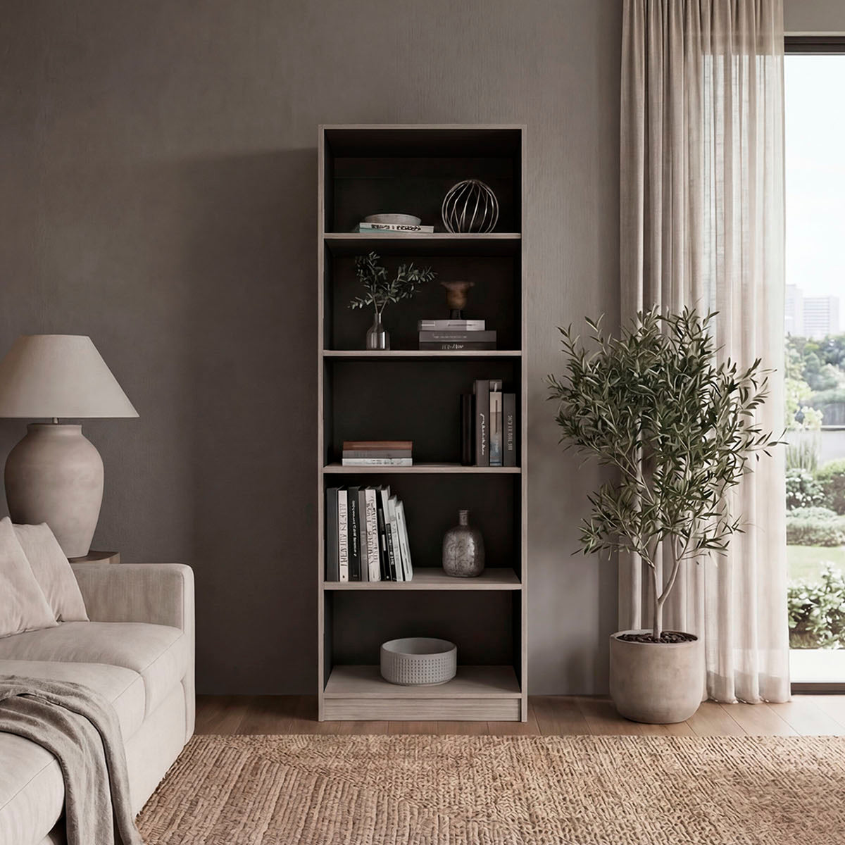 Dam Bookcase with 5 Open Shelves, Tall Storage Bookshelf for Home Decor, Wenge and Positano