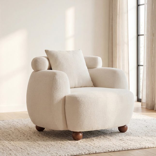 Nordic Style Lazy-Style clubchair 38 Inches, Chenille Fabric Bucket Chair, Decorative Sofa, Soft Cushion with pillow, for Living Room, Study, and Relaxation Room, White