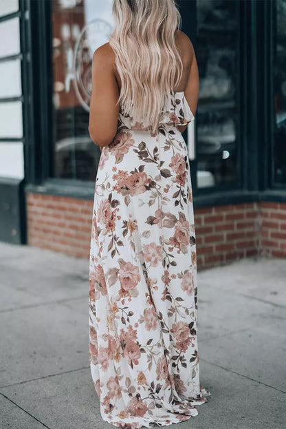 White Floral Slit Ruffled Halterneck Maxi Dress - Eloy Royal