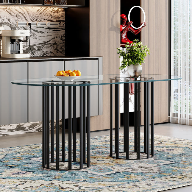 71 inch oval tempered glass dining table,black double column light luxury style,tempered glass scratch resistant and easy to clean.Suitable for 6-8 people dining, modern light luxury restaurant table.