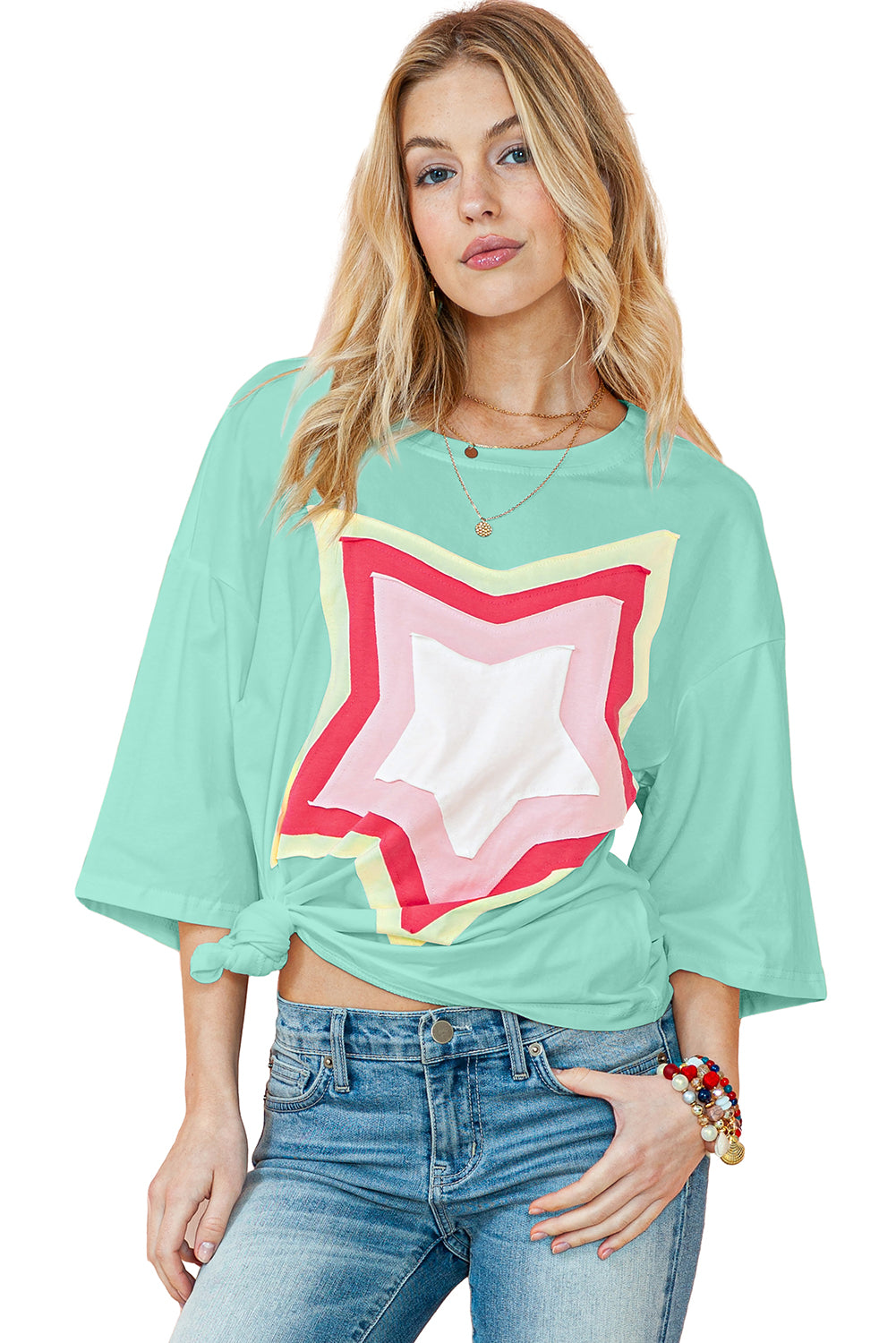 Light Pink Colorblock Star Patched Half Sleeve Oversized Tee - Eloy Royal