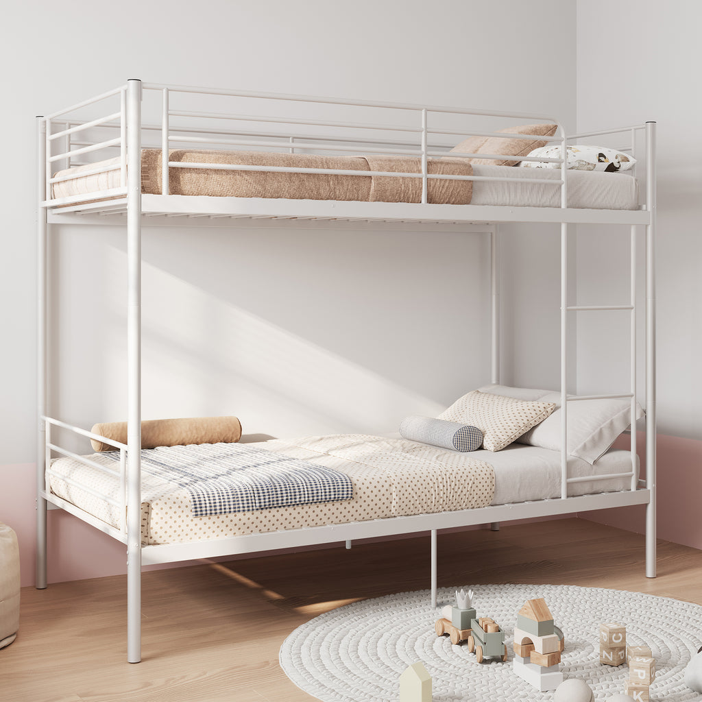 Bunk Bed with Ladder and high Guardrail,19 bed crossbars, Able to Split, Metal Bunk Bed, Storage Space, Noise Free,Twin Over Twin Size,White