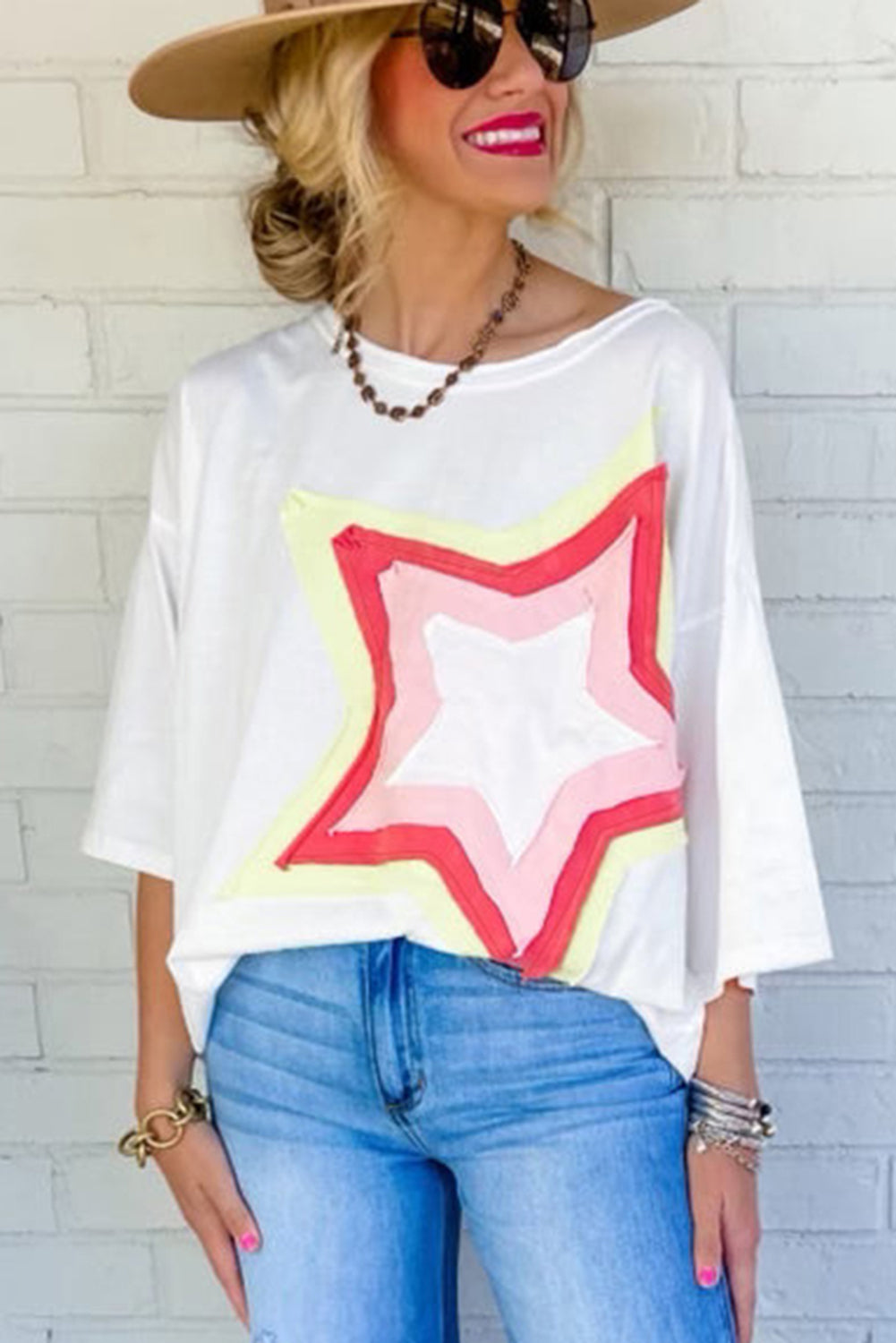 Light Pink Colorblock Star Patched Half Sleeve Oversized Tee - Eloy Royal