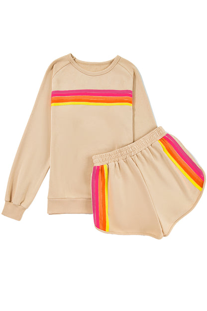 Bonbon Colorful Striped Long Sleeve Pullover and Shorts Set