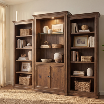 78.75'' Tall 3-Pieces Bookcase, Display Cabinet with LED Ceiling Light, Retro style Bookshelves with tempered glass shelves for Living Room, Office, Studio or Workspace, Brown