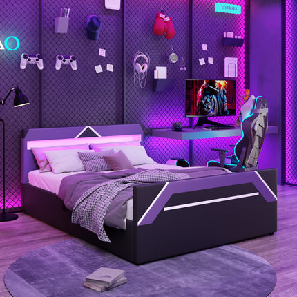 Queen Size Gaming Bed with Built-in 7-Color LED Lighting Headboard, Side-Lift Hydraulic Storage Platform Bed, Cyberpunk Style, Black+Purple