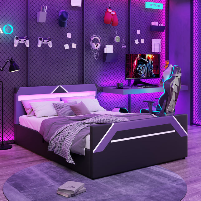 Queen Size Gaming Bed with Built-in 7-Color LED Lighting Headboard, Side-Lift Hydraulic Storage Platform Bed, Cyberpunk Style, Black+Purple