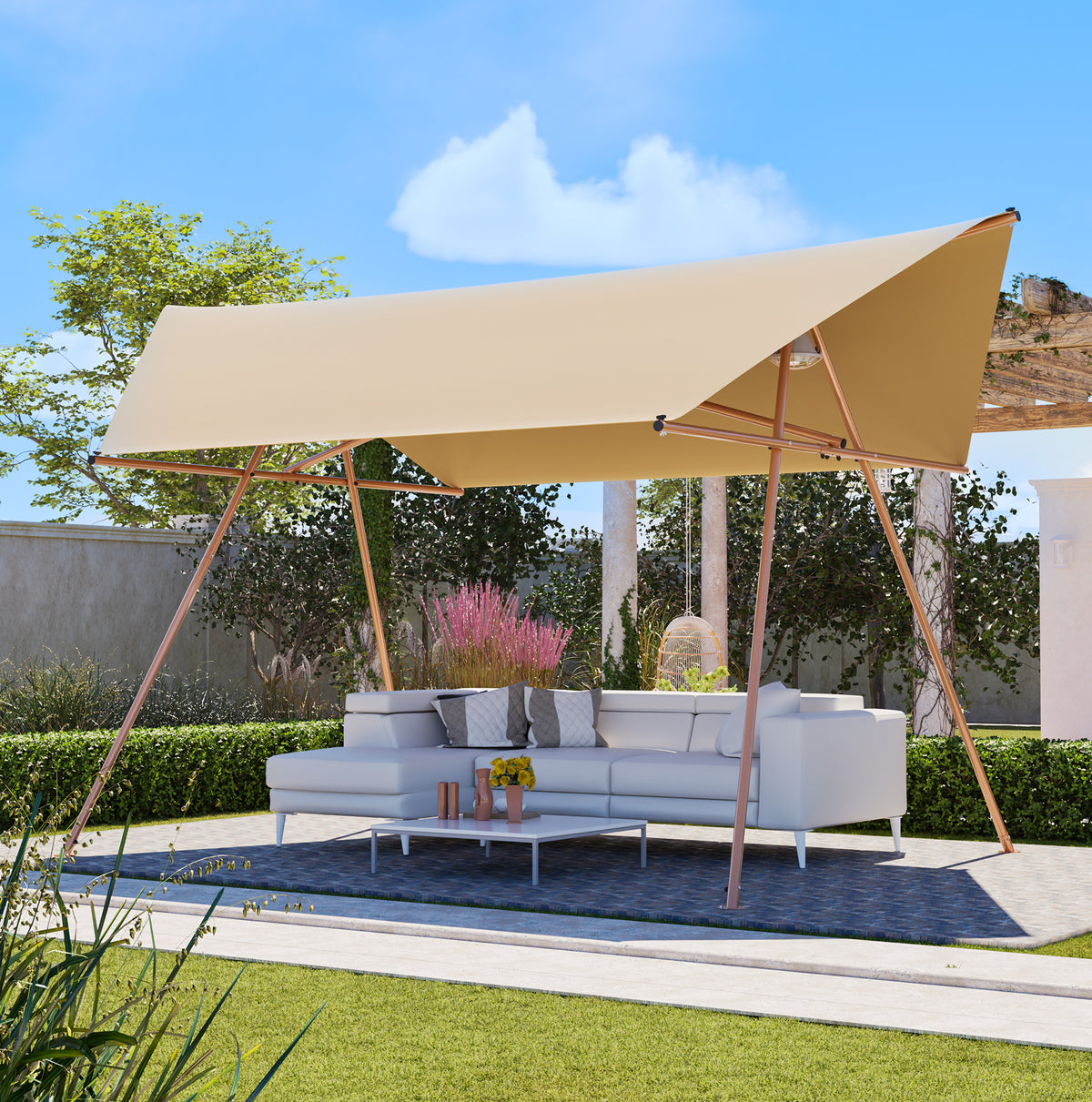 Hexagonal Shade Sail Canopy, Large 206'x118' UV Block Sun Shade with UPF 50+, Waterproof High-Density Polyester Fabric, Brown Rust-Resistant Poles & Built-in Hooks for Patio Backyard – Light Khaki