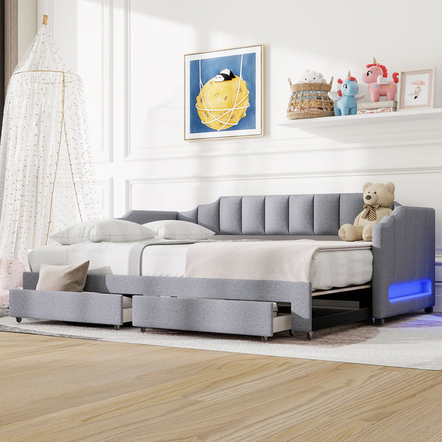 Twin XL Size Extendable Upholstered Daybed with Two Storage Drawers and LED Light,Twin XL to King Daybed,Gray(=N7500002061E)