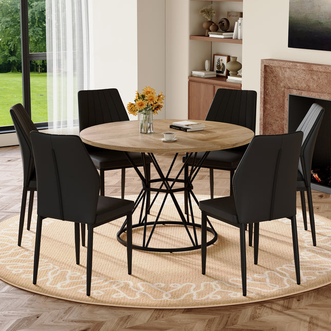 Table and Chair Set.A wood MDF table with a diameter of 47.3 inches,black hourglass shaped metal brackets. Paired with 6 Black PU Dining Chairs, 37 inches High, Ergonomic PU Backrest.