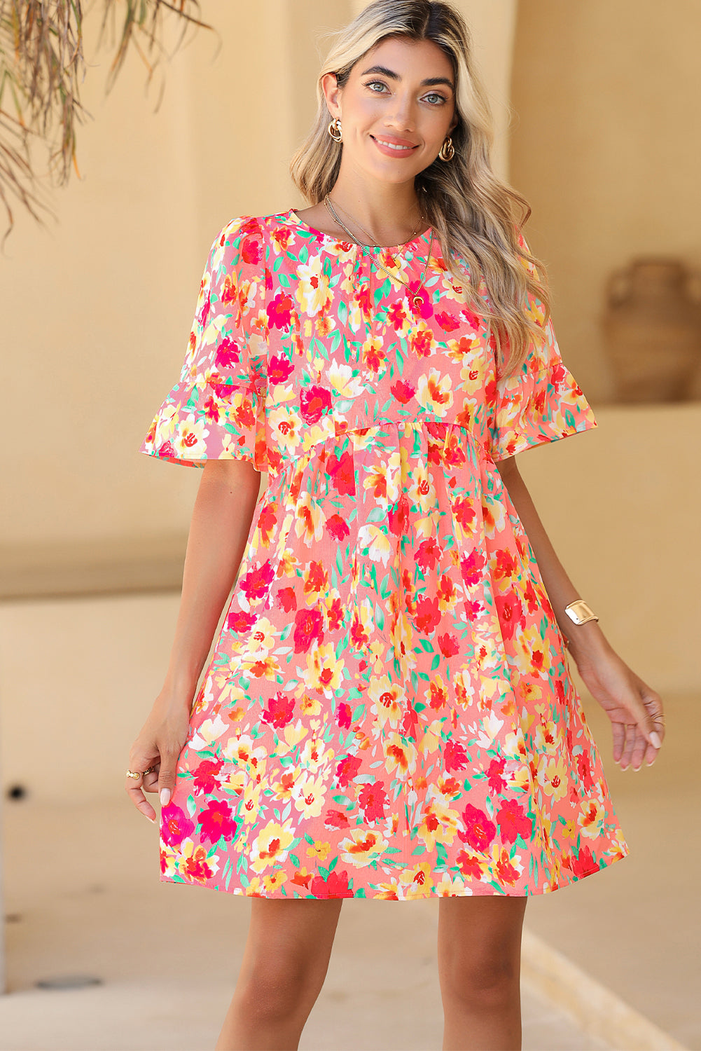 Multicolor Floral Print Flounce Sleeve Pleated Mini Dress - Eloy Royal