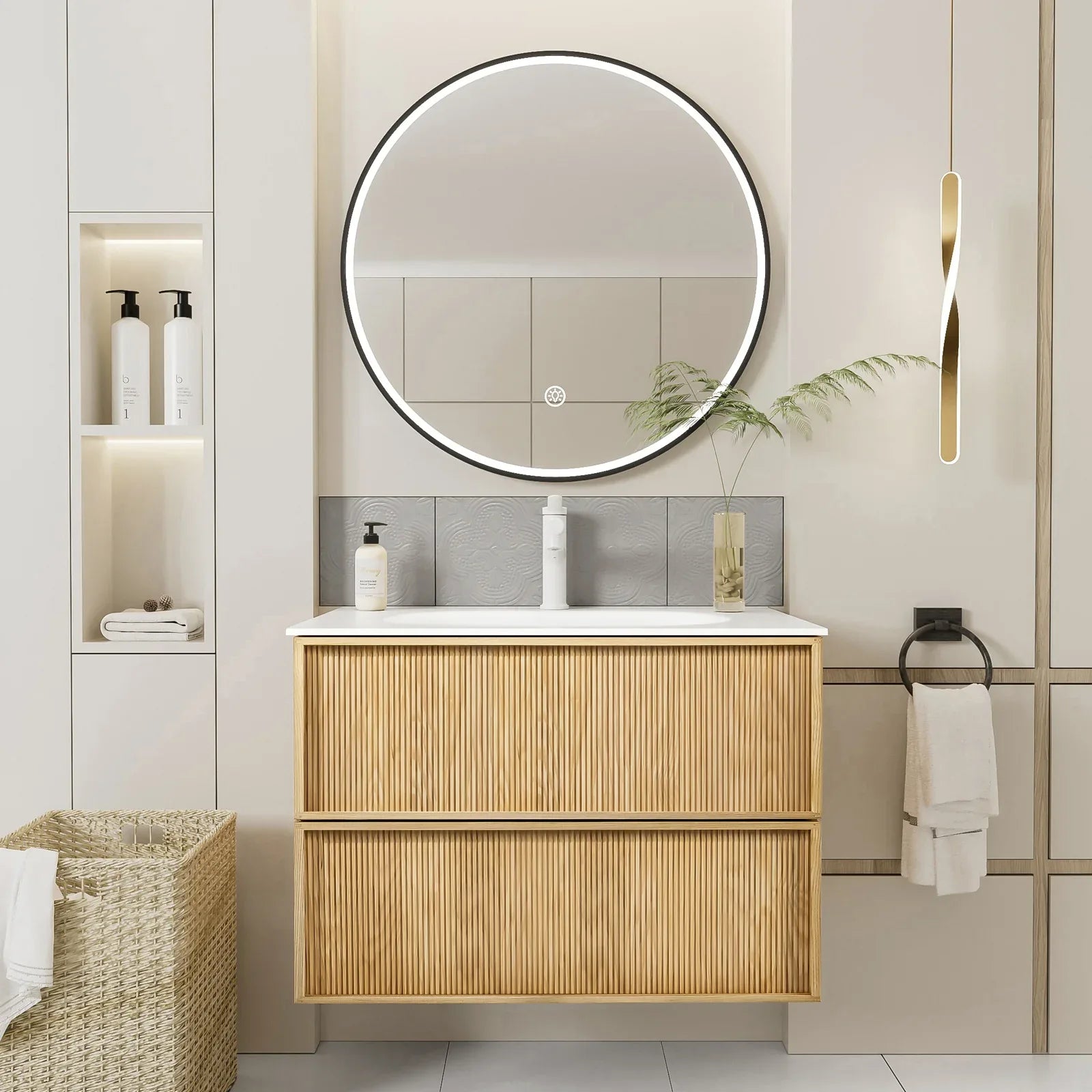 36-Inch Floating Bathroom Vanity with Sink - Natural Oak Fluted Front, Multi-Layer Solid Wood, Wall-Mounted, White Stone Top, 2 Soft-Close Drawers - Eloy Royal