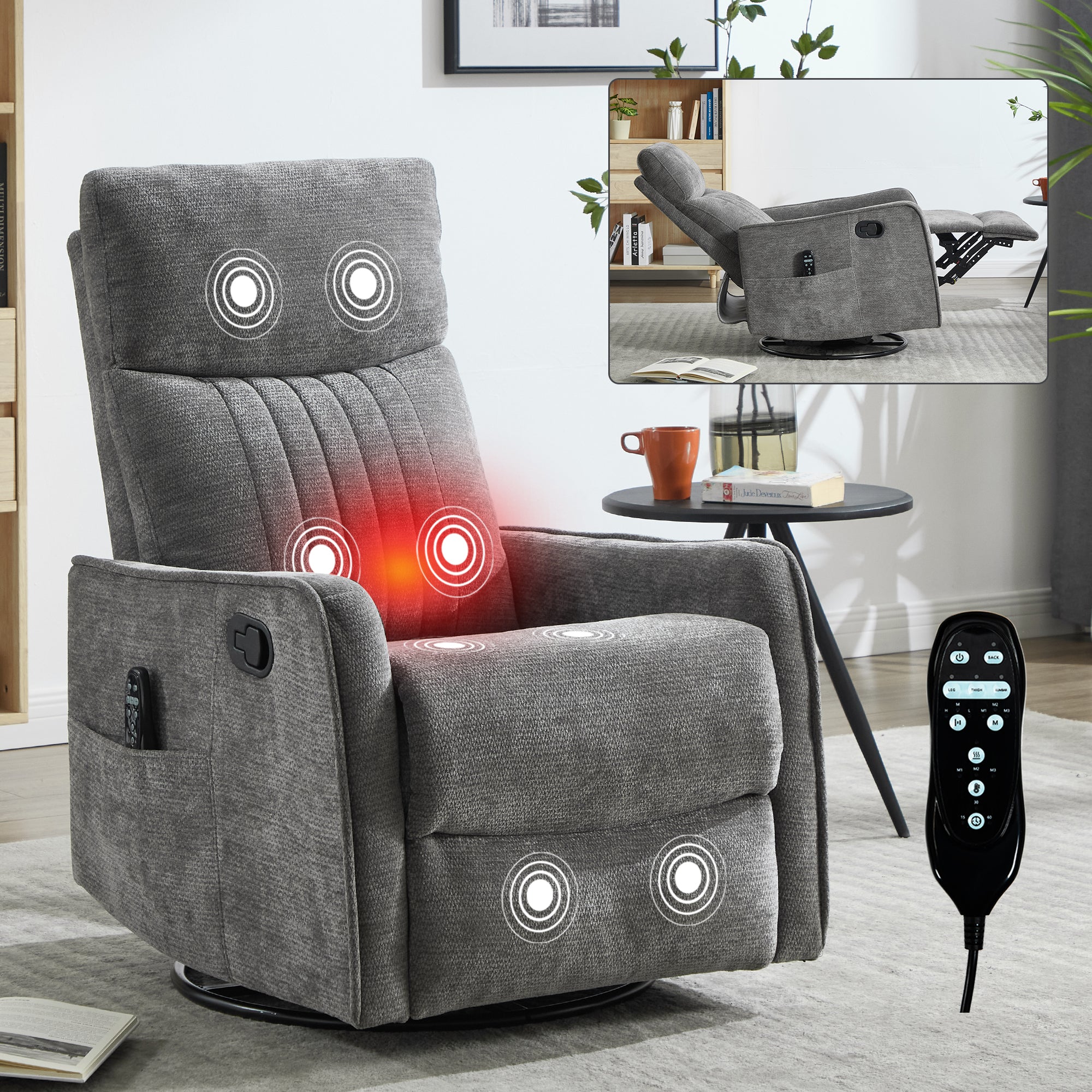 Dark Grey Heat Massage Manual Recliner Chair with Rocker and Swivel in Fabric for Living Room