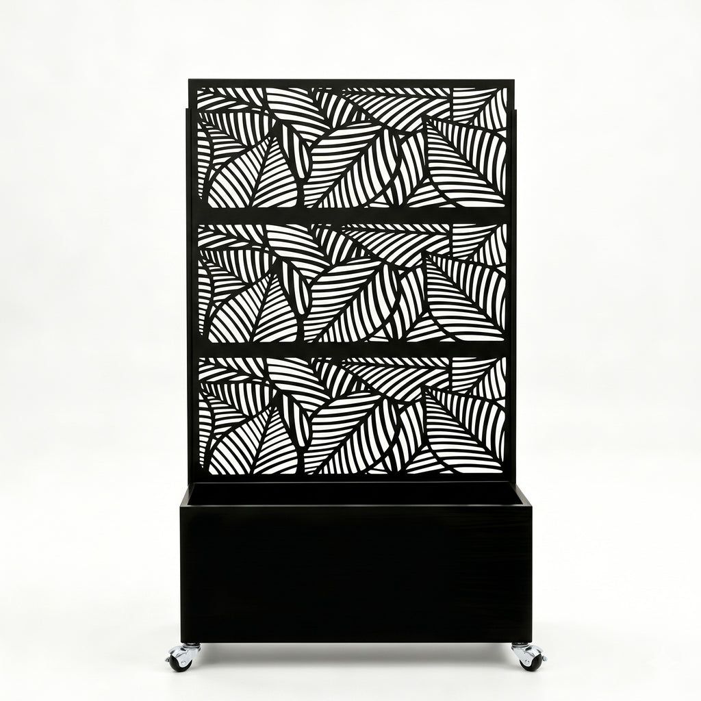70.87' H × 46.06' W Leaf Pattern Privacy Screen with Planter Box, Black Metal Freestanding Decorative Fence Planter for Patio Balcony Backyard