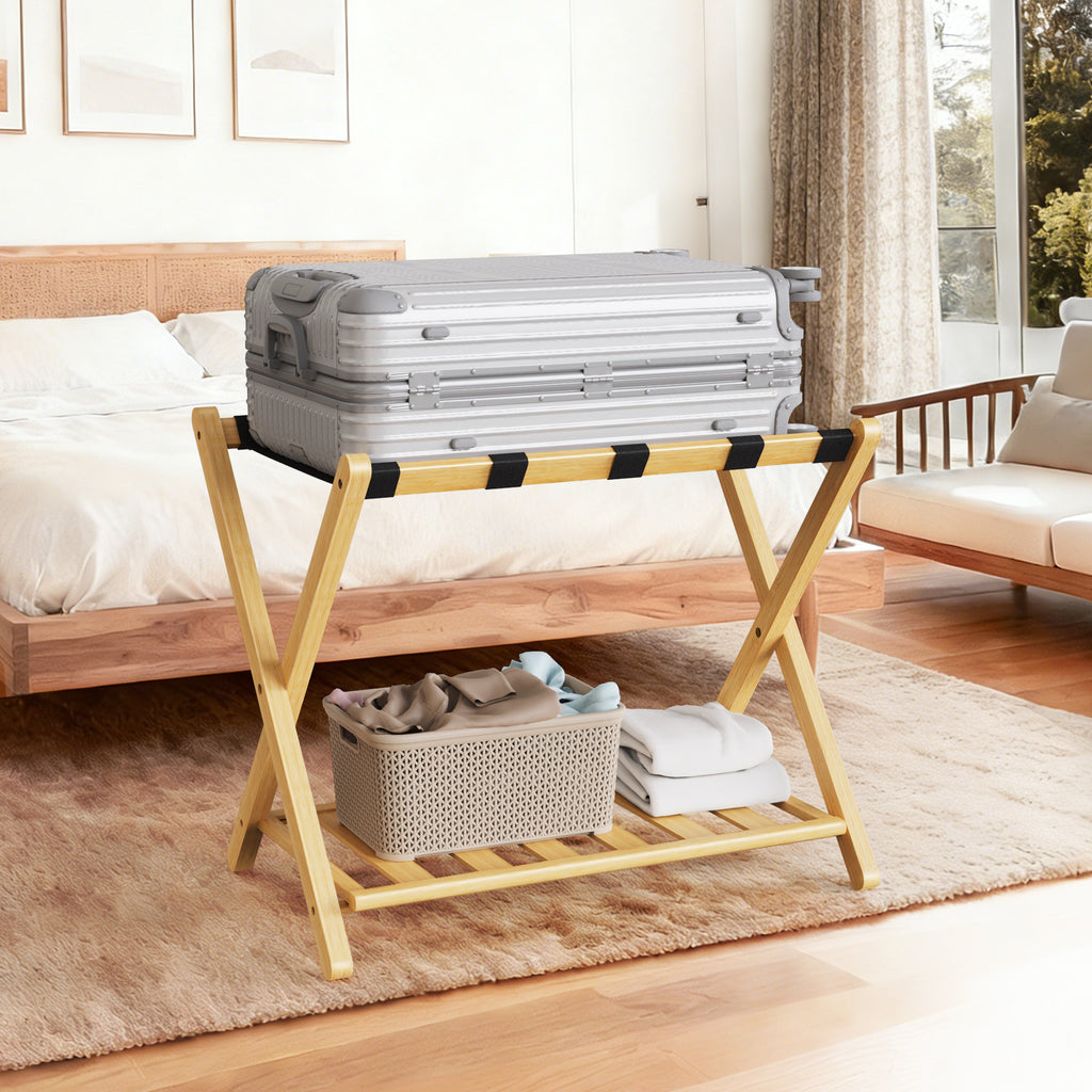 Folding Bamboo Luggage Rack 29×28×3 Inch, Foldable Suitcase Stand with Lower Storage Shelf, Guest Room Luggage Holder for Hotel & Bedroom 4pcs.