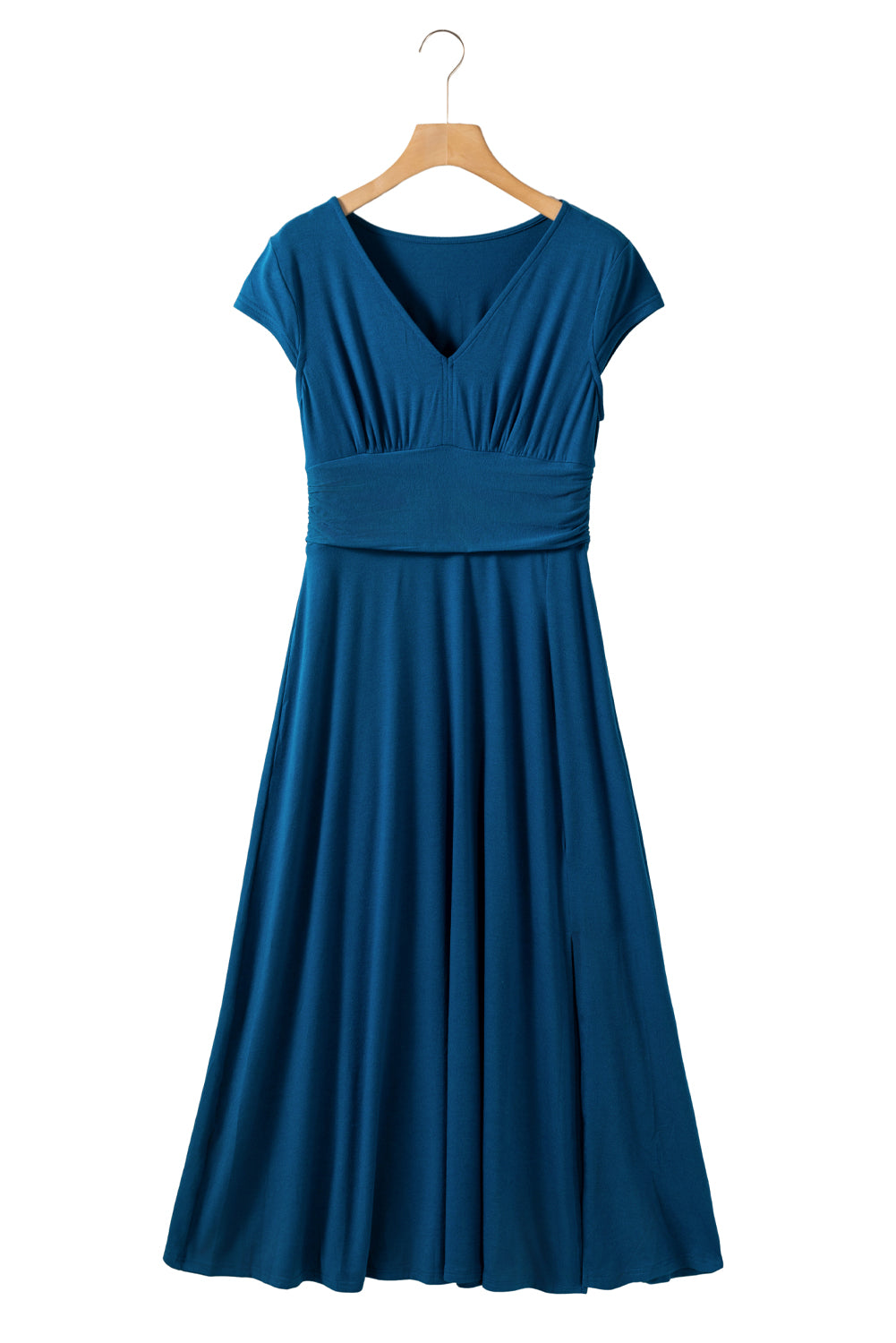 Peacock Blue Deep V Neck Ruched High Waist Maxi Dress - Eloy Royal