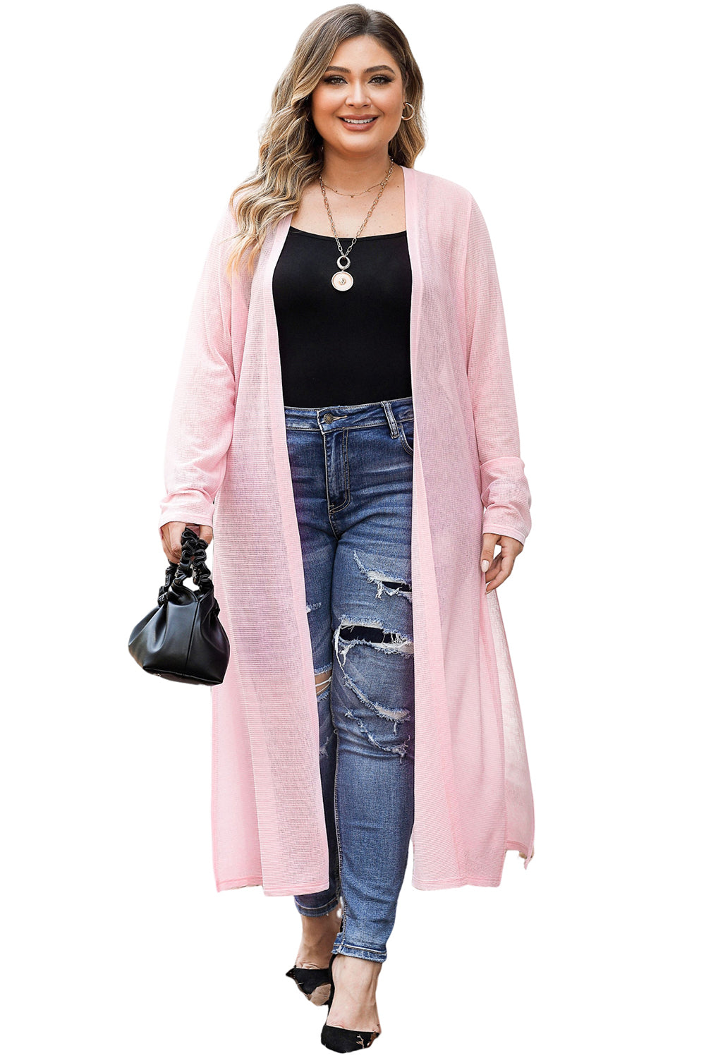 Pink Sheer Knitted Long Side Slit Plus Size Cardigan - Eloy Royal