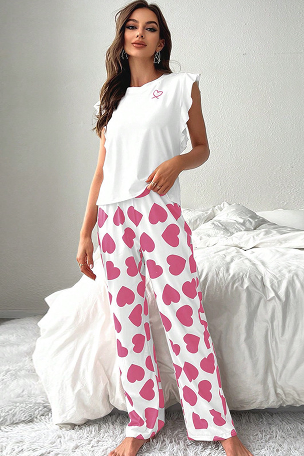 Pink Heart Print Ruffle Sleeveless Top and Pants Pajama Set