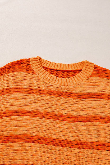 Orange Striped Colorblock Puff Sleeve Sweater