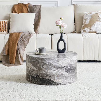 Simple Grey Marble Round MDF Coffee Table: 23.6' Diameter × 11.8' Height, Modern Minimalist Style, Perfect for Living Room, Apartment & Home Decor.No Need Assembly.