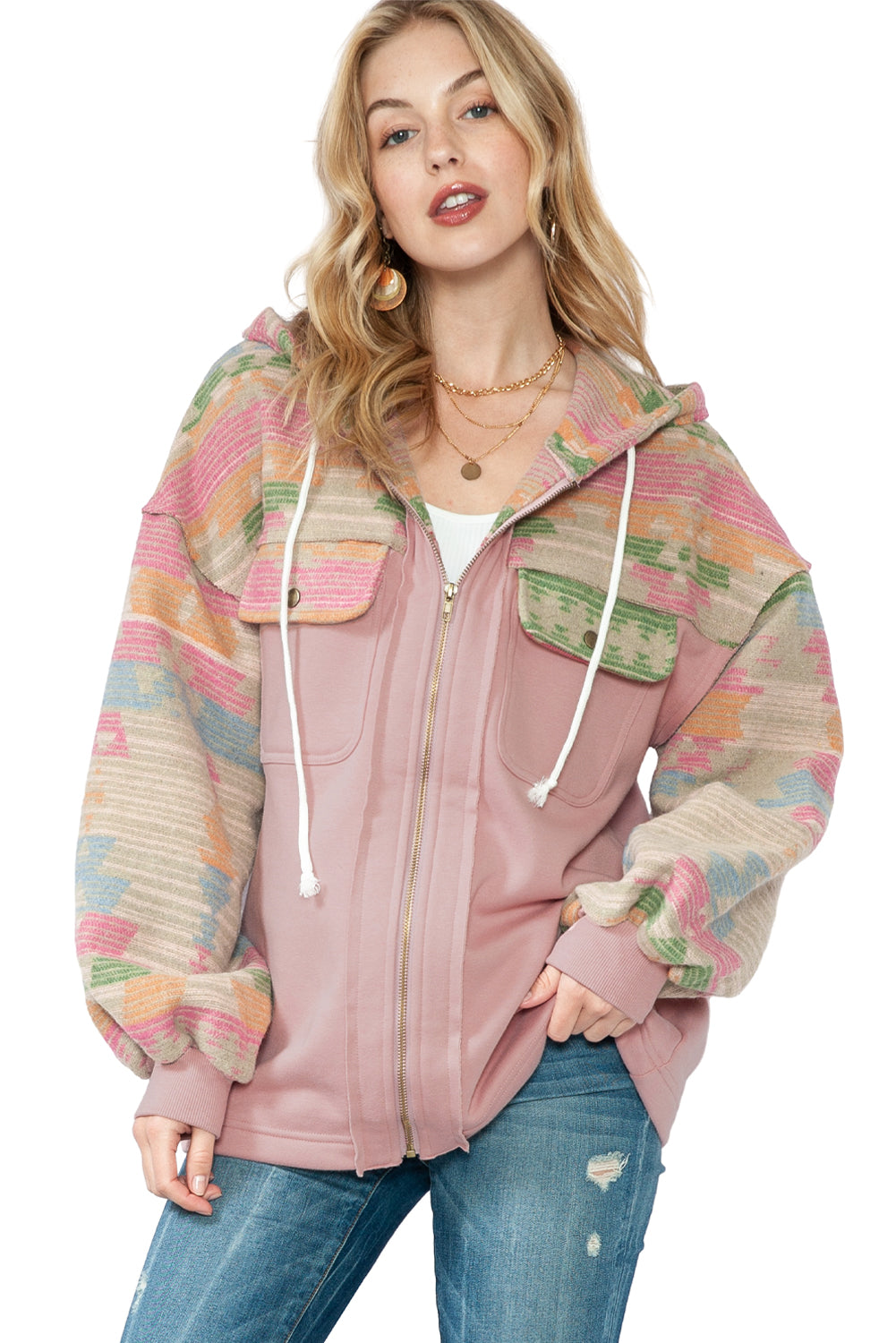 Light Pink Geometric Patchwork Hooded Zip Up Jacket - Eloy Royal