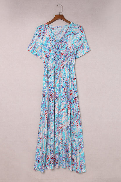 Wholesale Rose Boho Abstract Print V Neck Short Sleeve Maxi Wrap Dress - Eloy Royal