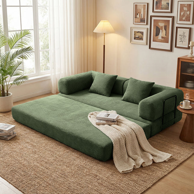 Convertible Sleeper Sofa Bed, 3-Seater Fold-Out Couch with Mattress, Dark Green Velvet Upholstery, Space-Saving Pull-Out Bed for Small Apartment, Living Room, Guest Room