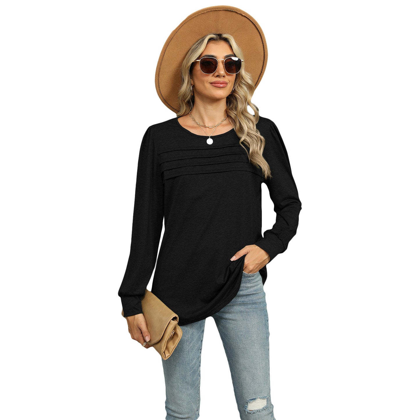 Solid Color U-neck Pleated Long-sleeved T-shirt Top For Women