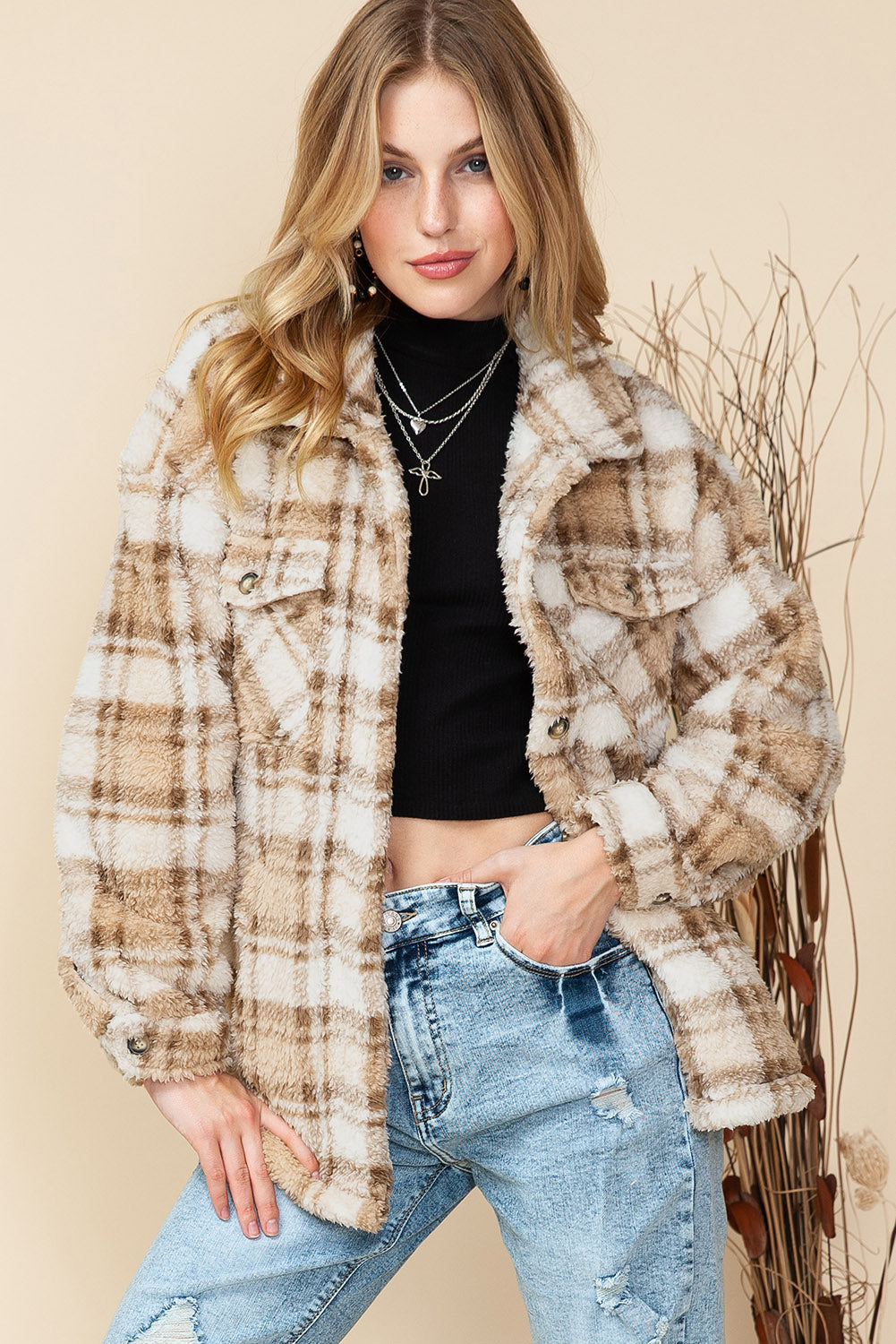 Khaki Sherpa Plaid Button Pocketed Jacket - Eloy Royal