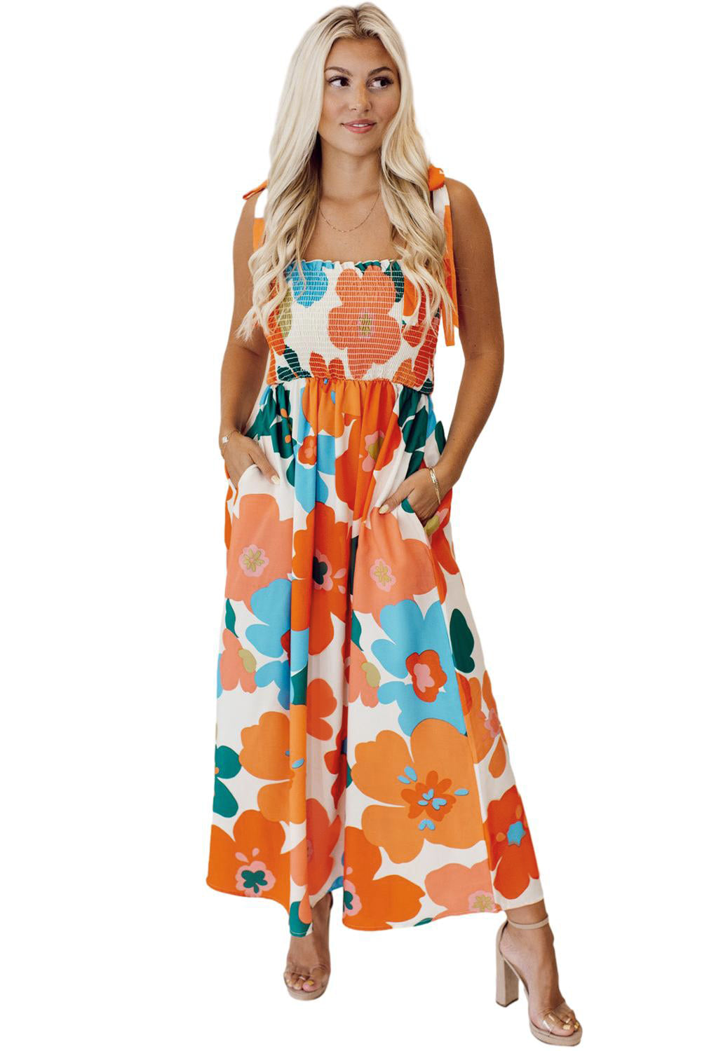 Orange 60s Floral Printed Shoulder Tie Smocked Maxi Dress - Eloy Royal