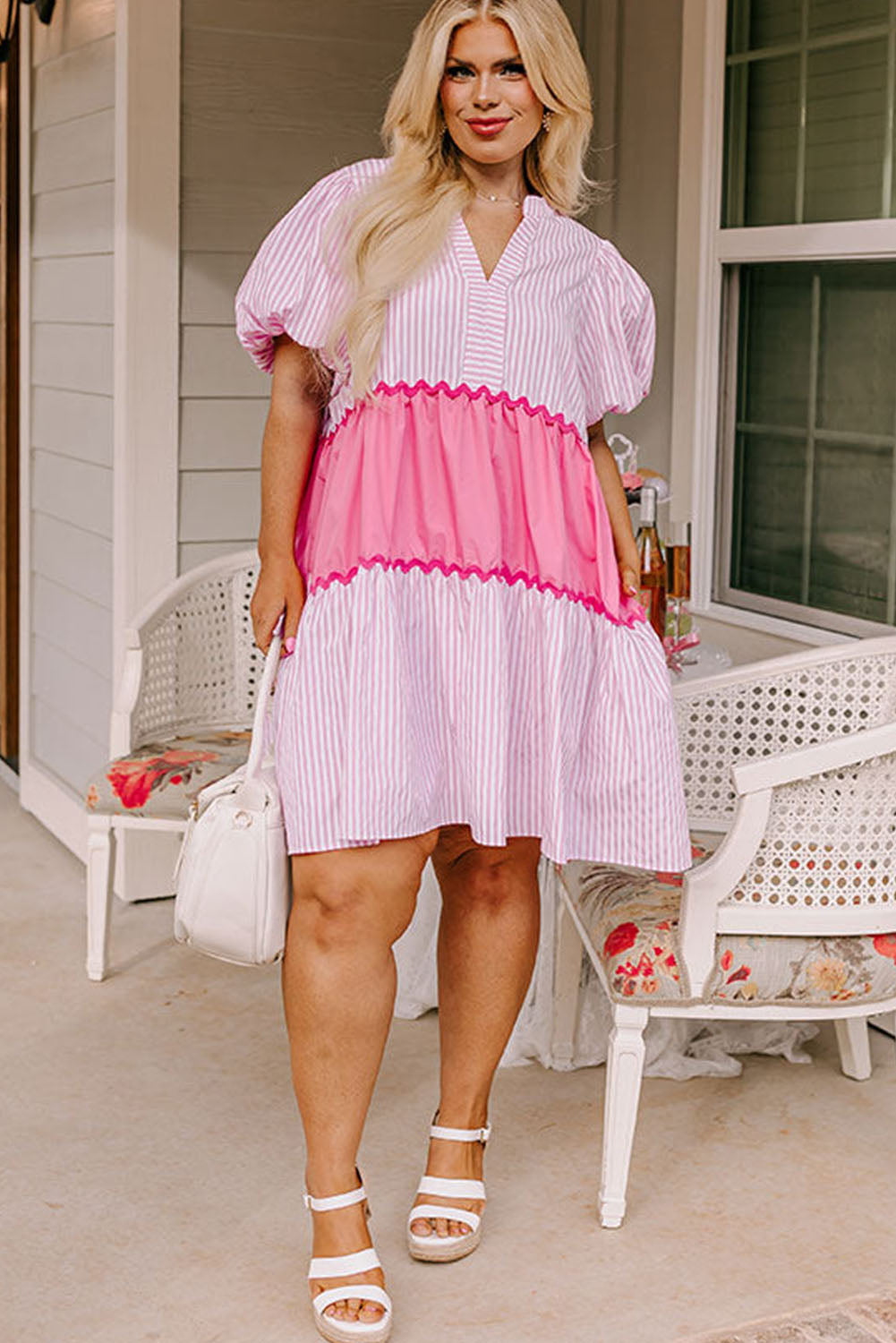 Pink Ric Rac Puff Short Sleeve Striped Flowy Plus Dress - Eloy Royal