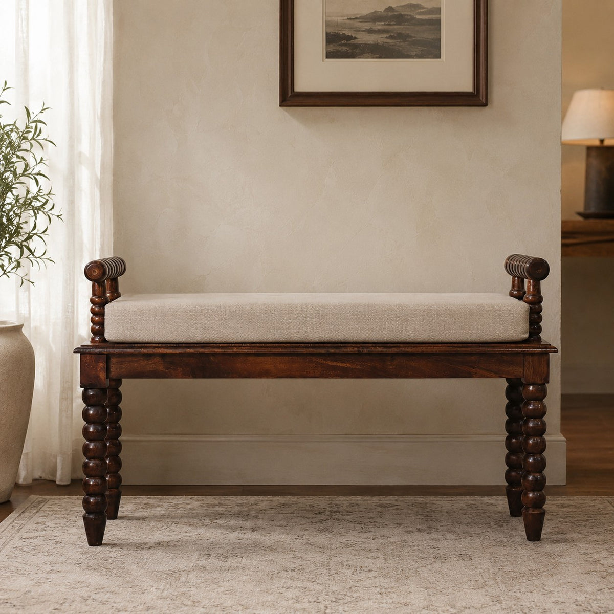 Solid Wood Spindle Cushioned Entryway Bench, Brown