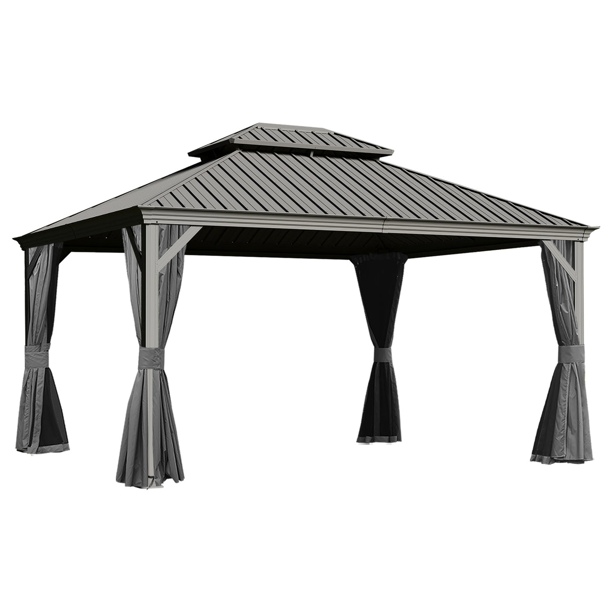 13x15FT Outdoor Gazebo, Hardtop Gazebo with Galvanized Steel Double Roof, Metal Gazebos with Drainage System Patio Pergola for Patio Deck Backyard,Curtain and Netting,Gray