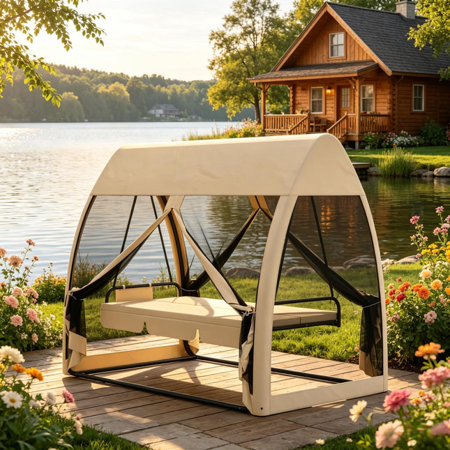 Garden Convertible Covered Day Bed,Outdoor Swing Chair,Comfortable Patio Swing Daybed