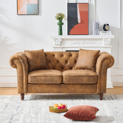 63'Chesterfield ‌tech Fabric Sofa,High-tech Fabric Roll Armrest Sofa,Upholstered Mid Century Modern Couch,2 Seater Couch for Living Room, Office, Apartment, Brown