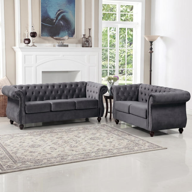 Chesterfield 2-Piece Crushed Velvet Living Room Sofa Set, 3-Seater Sofa & 2-Seater Loveseat Combo, Button Tufted Rolled Arms, Solid Wood Tapered Legs, High Density Foam & Spring Cushions