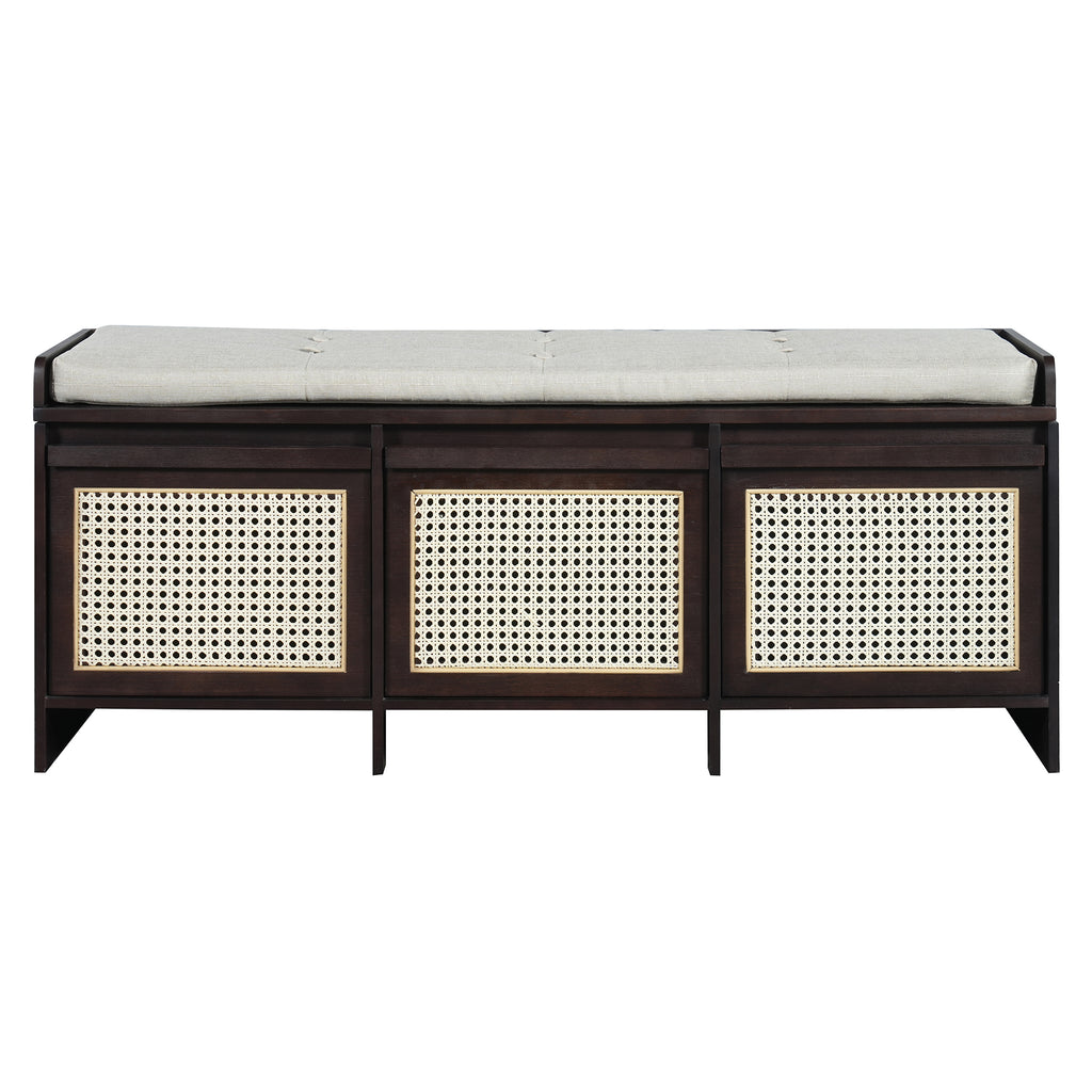TREXM Retro Entryway Shoe Bench with Rattan Drawers & Button-Tufted Cushion in Espresso, MDF and Pine Veneer, 48' L