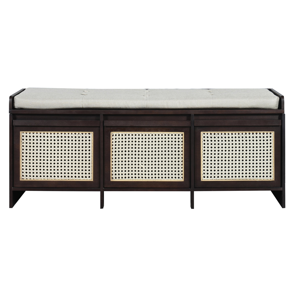 TREXM Retro Entryway Shoe Bench with Rattan Drawers & Button-Tufted Cushion in Espresso, MDF and Pine Veneer, 48' L
