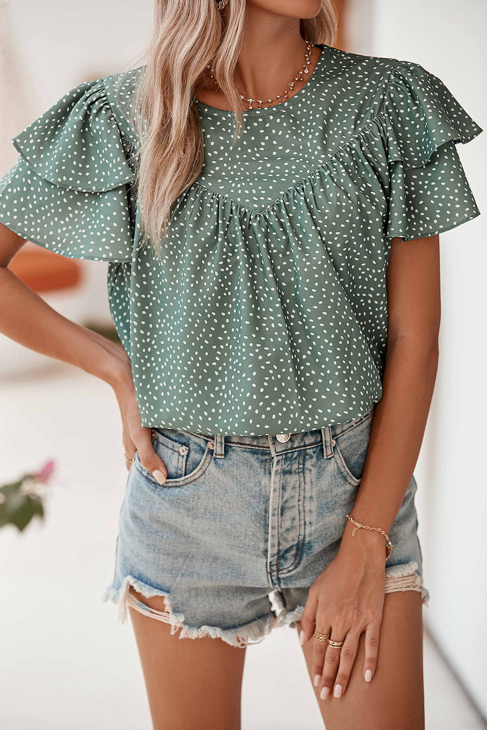 Laurel Green Spotted Print Pleated Ruffle Sleeve Blouse - Eloy Royal